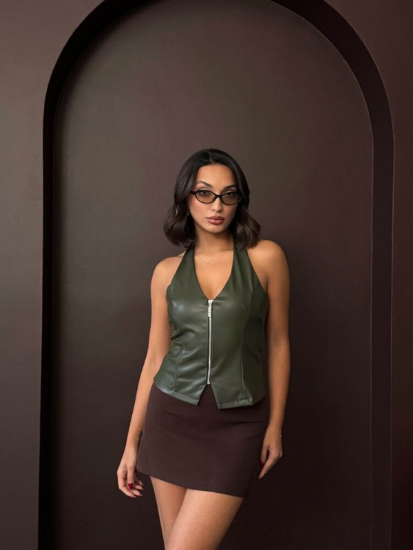 Topshow Sunideri Fermuarlı Toptan Yelek - Haki | F2036